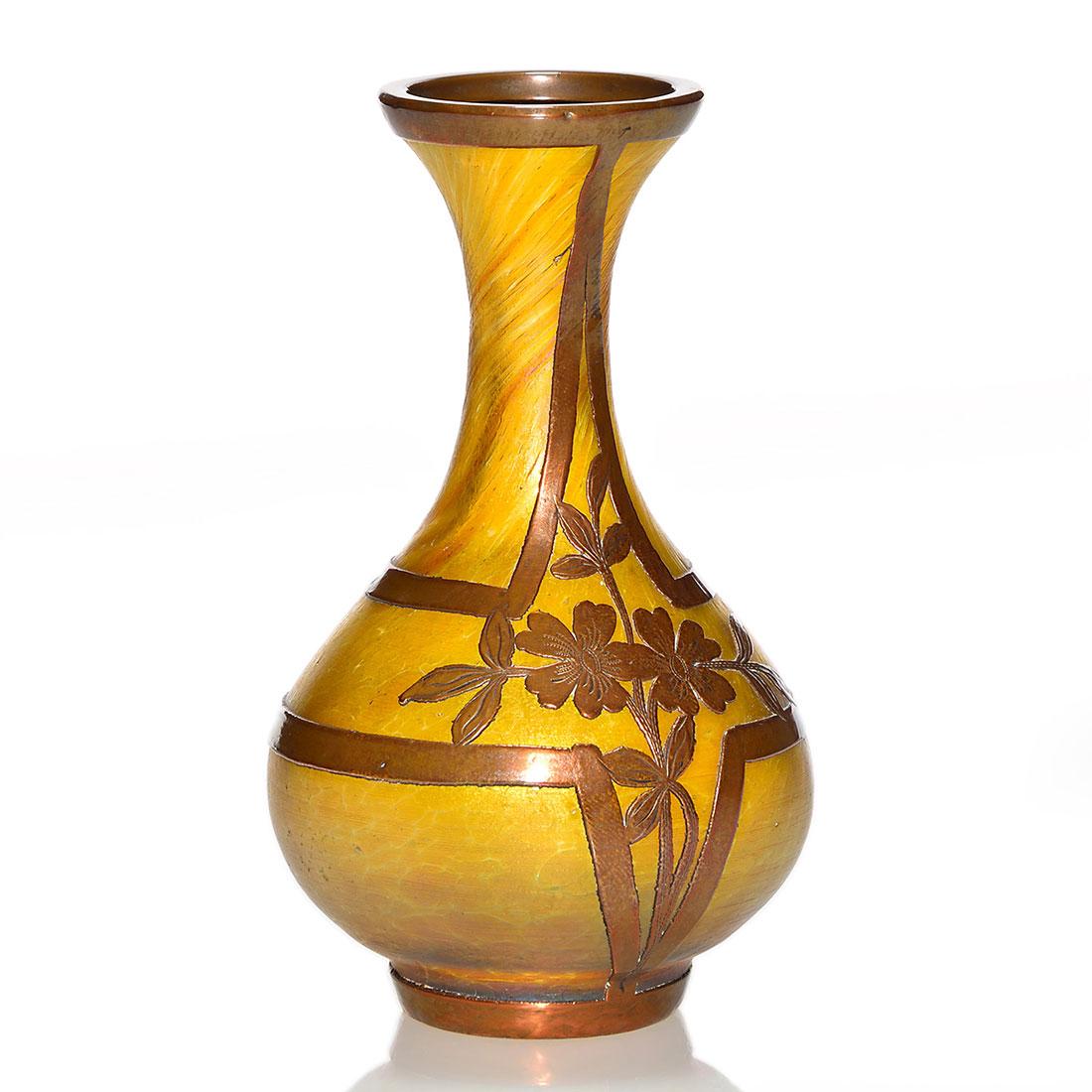 Loetz copper overlay Arts & Crafts miniature vase, 4" (1 of 1)