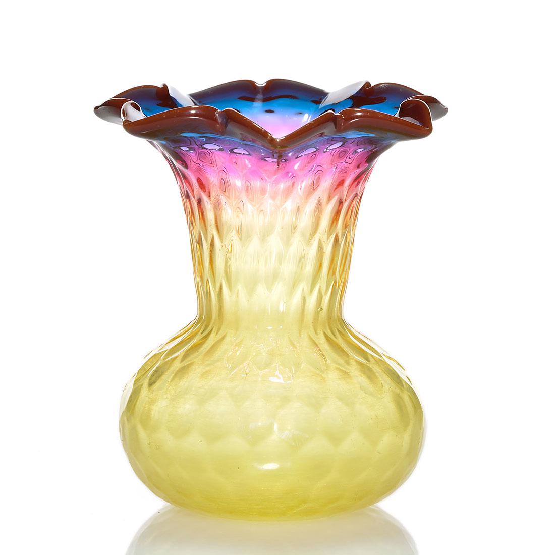 Thos. Webb & Sons Alexandrite petal top vase, 3 1/2": Thomas Webb & Sons Alexandrite miniature vase with a three color petal top rim of brown, blue to amethyst blending into a pastel yellow honeycomb body. Height 3 1/2 inches. Hand engraved beneath Rd 80