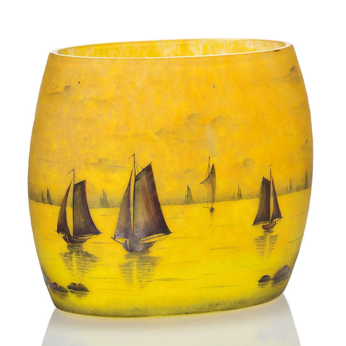 Daum Nancy cameo, enamel oval vase, sail boats, 4 3/4" (1 of 2)