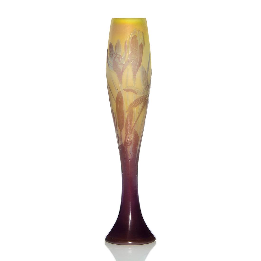 Galle cameo slender vase, crocus, 9 1/2", signed (1 of 2)
