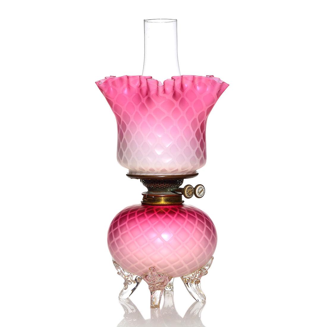 Victorian pink DQMOP parlor lamp, 13 3/4", Patent (1 of 2)