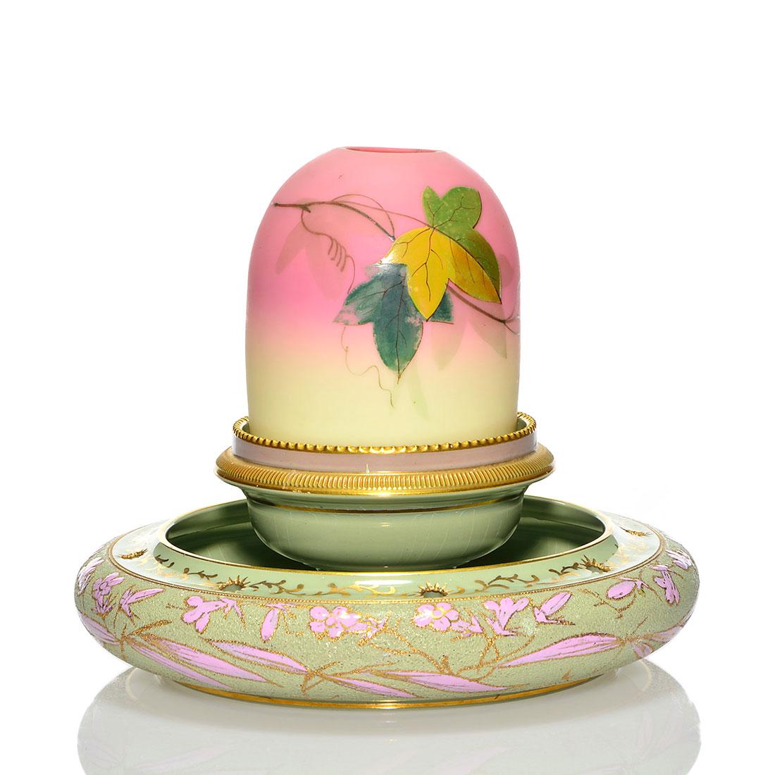 Webb Burmese fairy lamp, Clarke's tapestry base, 6 1/4" (1 of 2)