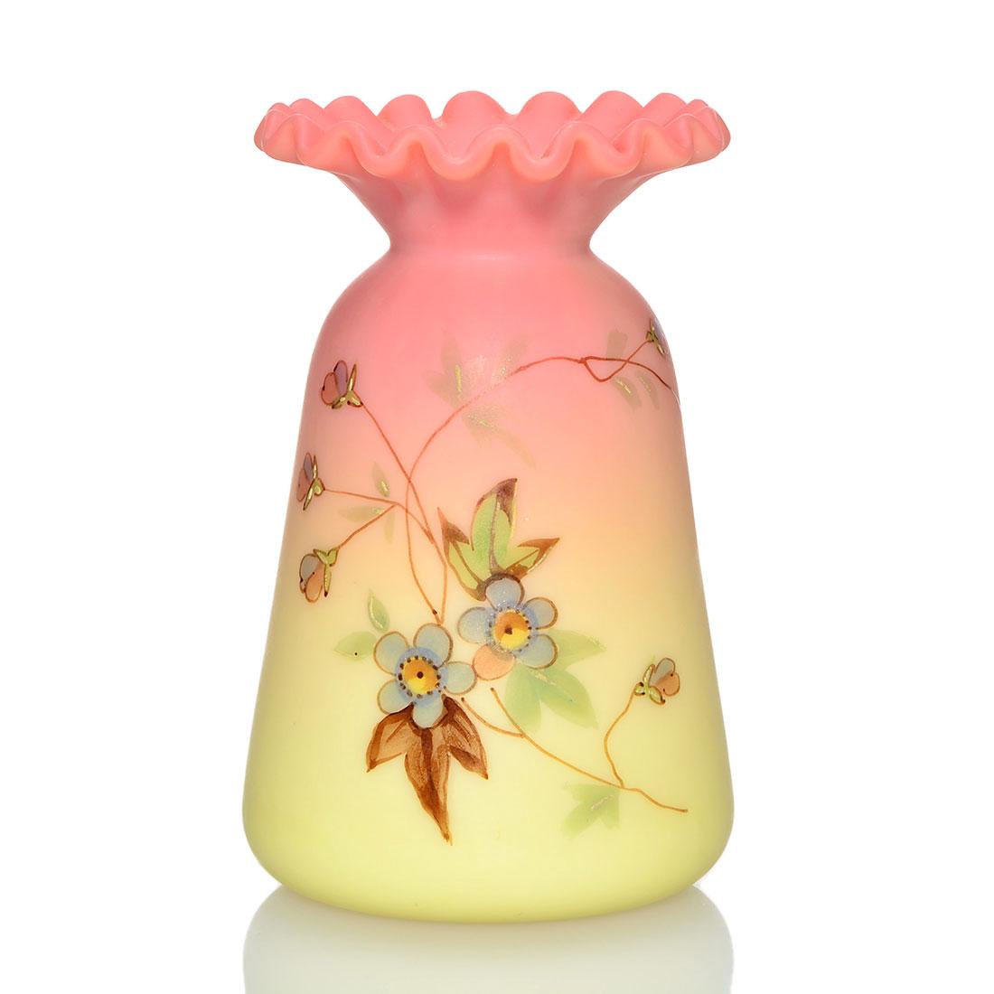 Thomas Webb & Sons acid Burmese vase, floral, 4 1/8": Thomas Webb & Sons acid Burmese vase with a wide crimped rim and lavender blue floral design. Height 4 1/8 inches. Pleasing form. Excellent condition.