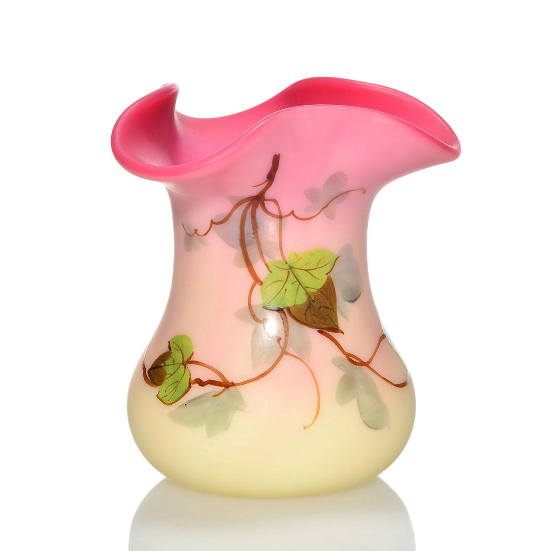 Thos. Webb & Sons acid Burmese vase, Ivy, 3 1/2": Thomas Webb & Sons acid Burmese vase with a tri-con rim and not often seen design of English ivy over a rib-like body. Height 3 1/2 inches. Wonderful satin finish. Excellent condition.