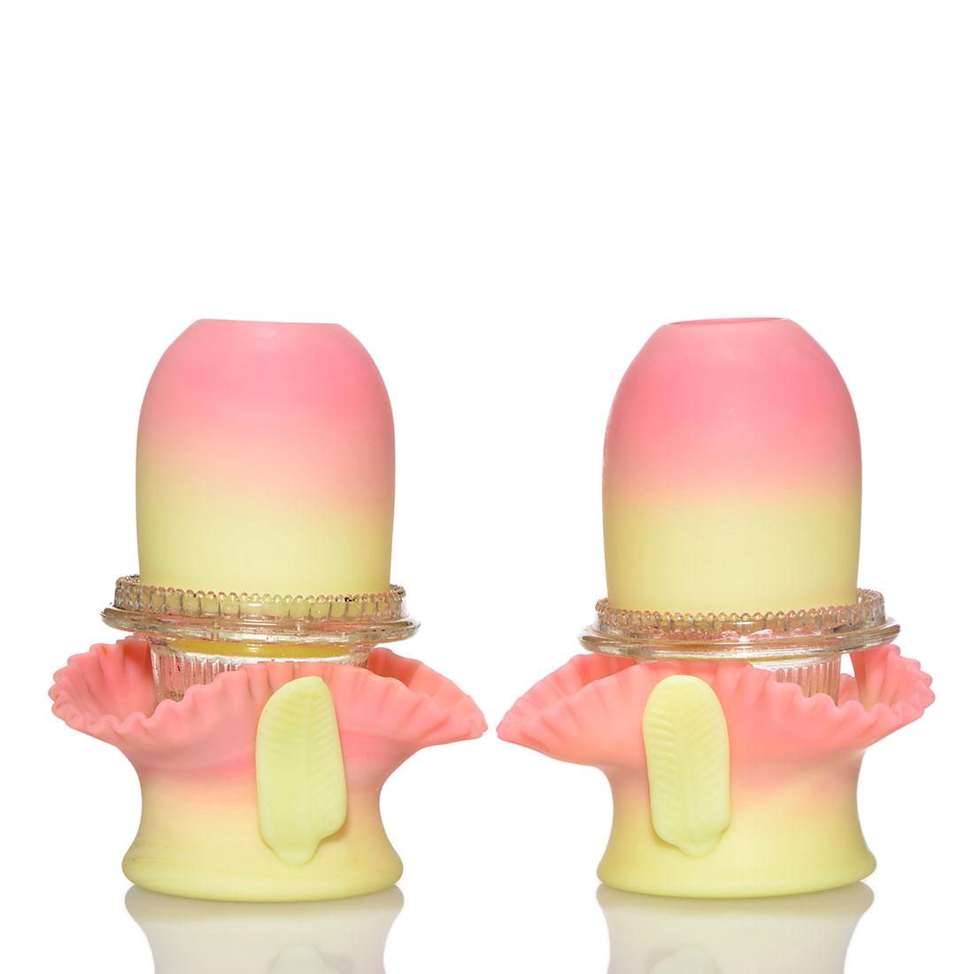 Pr. Webb Burmese Pyramid Fairy lamp menu holders: Pair Thomas Webb & Sons Queens Burmese Pyramid Fairy lamp menu holders. The tri-con Burmese bases each have crimped rims and a leaf tab holder applied to the side. The clear Clarke inserts mounted wit