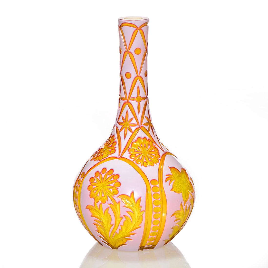 Thomas Webb & Sons cameo intaglio vase, 6 3/4", 3 color: Thomas Webb & Sons 3 color cameo intaglio stick vase revealing intricate complex designs of wild flowers, stars and beading, wheel carved in natural detail. Height 6 3/4 inches. Impressive example in