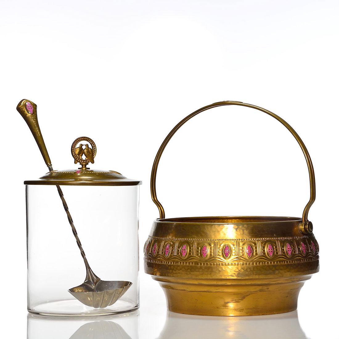 WMF Arts&Crafts copper-like ice bucket, glass bowl: WMF Arts & Crafts copper-like matrimonial punch bowl set with enamel trim and partial martele pattern. Consisting of a large handled ice bucket, 5 1/4 inches by 11 inches, 13 inches with handle up, a