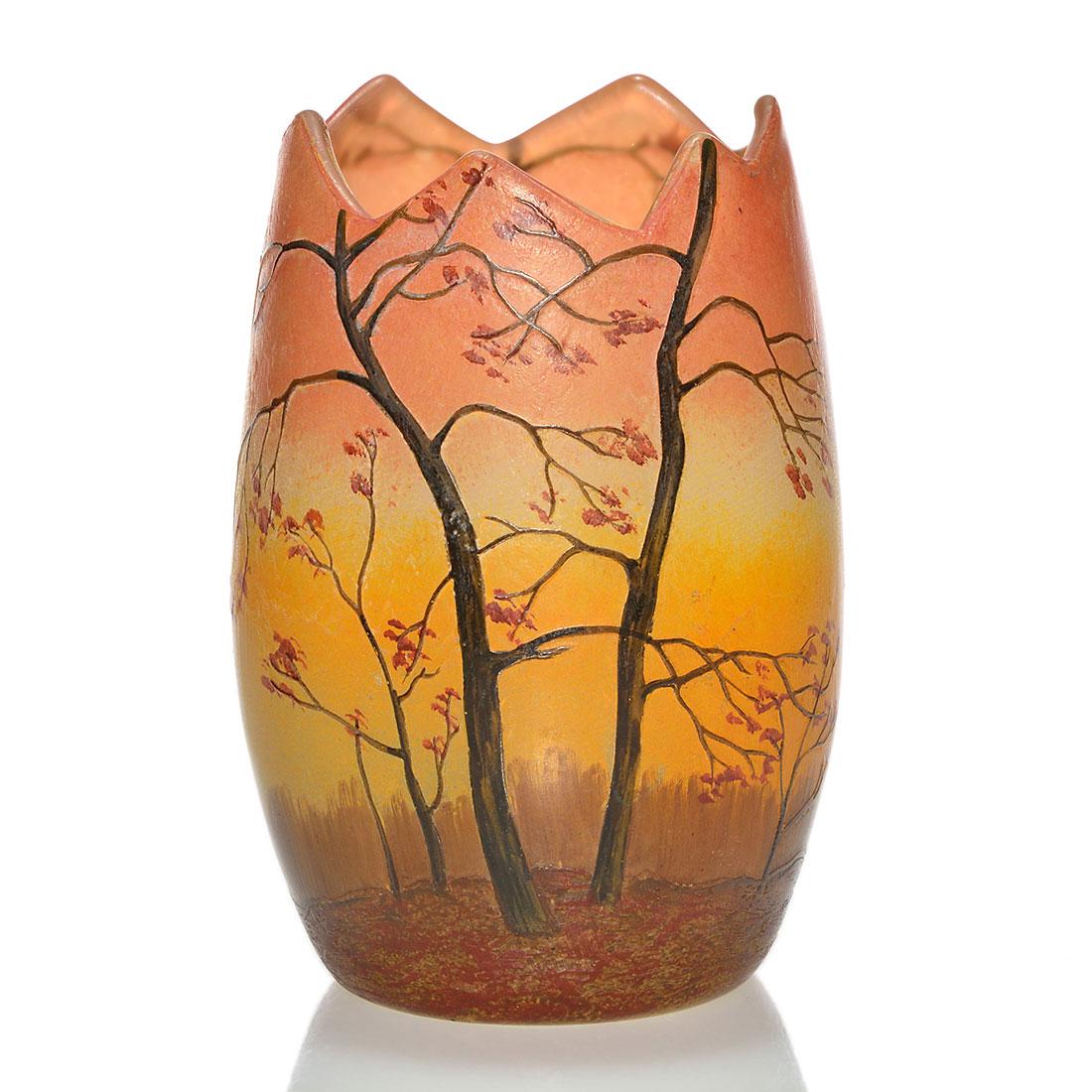 Legras cameo enamel egg vase, fall scenic, 5", signed (1 of 2)