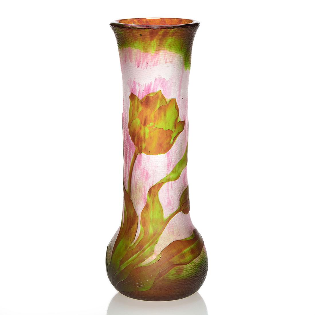 E. Michel martel cameo vase, tulips, 8 3/4", signed (1 of 2)