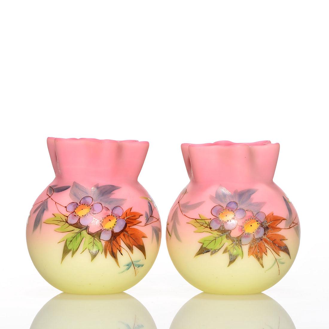 Pr. Thos Webb & Sons acid Burmese mini vases, 3": Pair Thomas Webb & Sons miniature acid Burmese vases with lavender blue flowers and having star form rims. Heights 3 inches. Excellent beautiful condition.