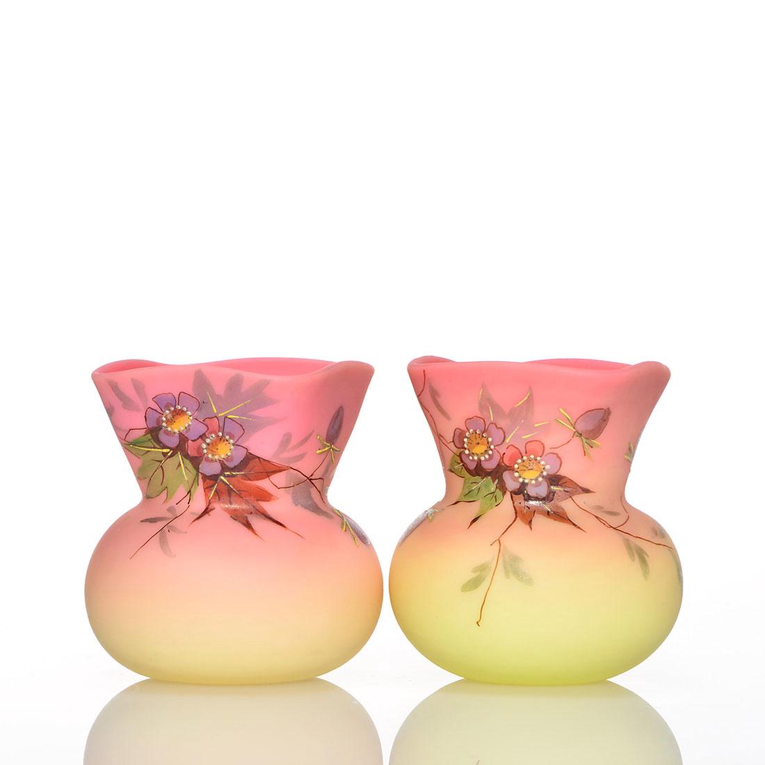 Pr. Thos. Webb & Sons acid Burmese vases, 2 1/2": Pair Thomas Webb & Sons acid Burmese vases with square rims and lavender blue flowers. Heights are 2 1/2 inches. Beautiful set in excellent condition.