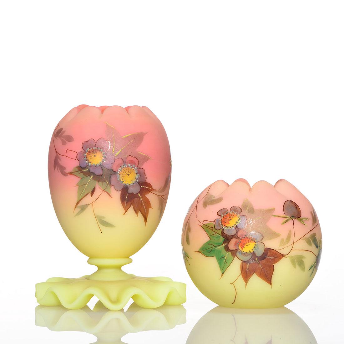 2 Thos. Webb & Sons mini acid Burmese: bowl + vase: Two Thomas Webb & Sons acid Burmese consisting a 3 3/4 inch egg form vase with applied crimped base and a tiny 2 1/4 inch rose bowl each with lavender blue flower design. Excellent condition.