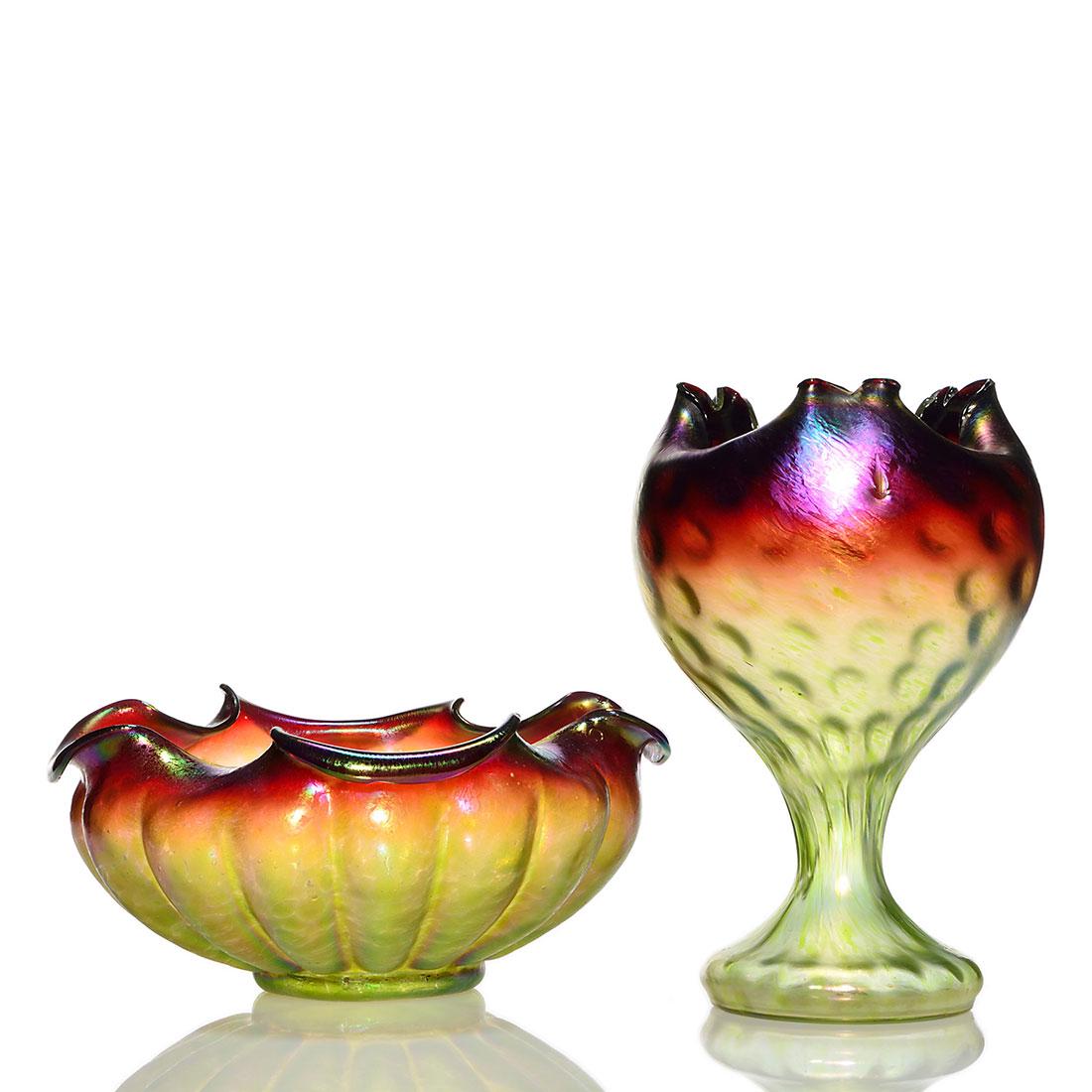 2 Rindskopf Pepita: 10 3/4" IVT vase & 5" melon bowl: Two Rindskopf Pepita. 1) A 10 3/4 inch pedestal vase with inverted thumbprint and trefoil rim. Measures 10 3/4 inches. 2) A 4 3/4 inch by 11 1/2 inch melon rib bowl with folded and scalloped rim. Brig