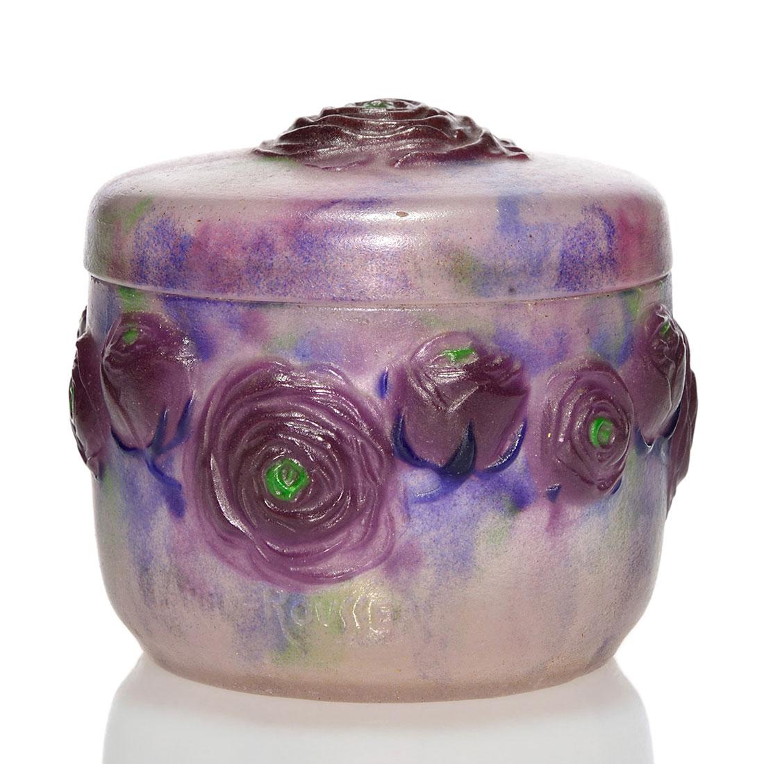 Rousseau Pate-de-Verre covered container, 3"X3 1/2" (1 of 2)