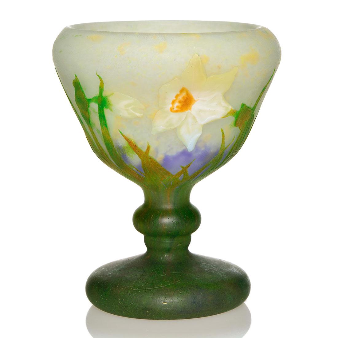 Daum footed vase, carved & padded daffodils, 5 1/2" (1 of 2)