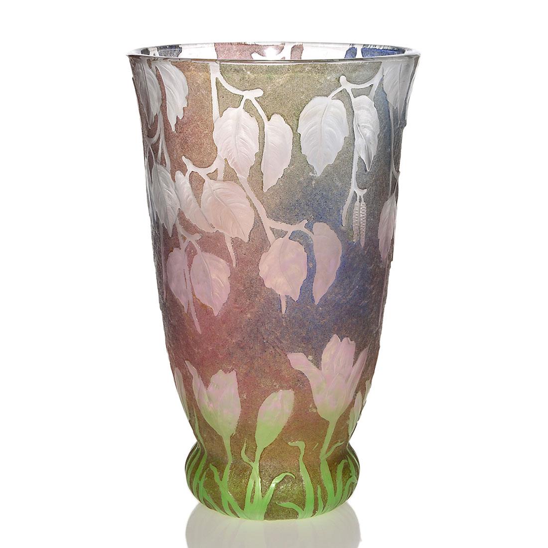 Daum cameo, wheel carved vase, leaves & crocuses, 7" (1 of 2)