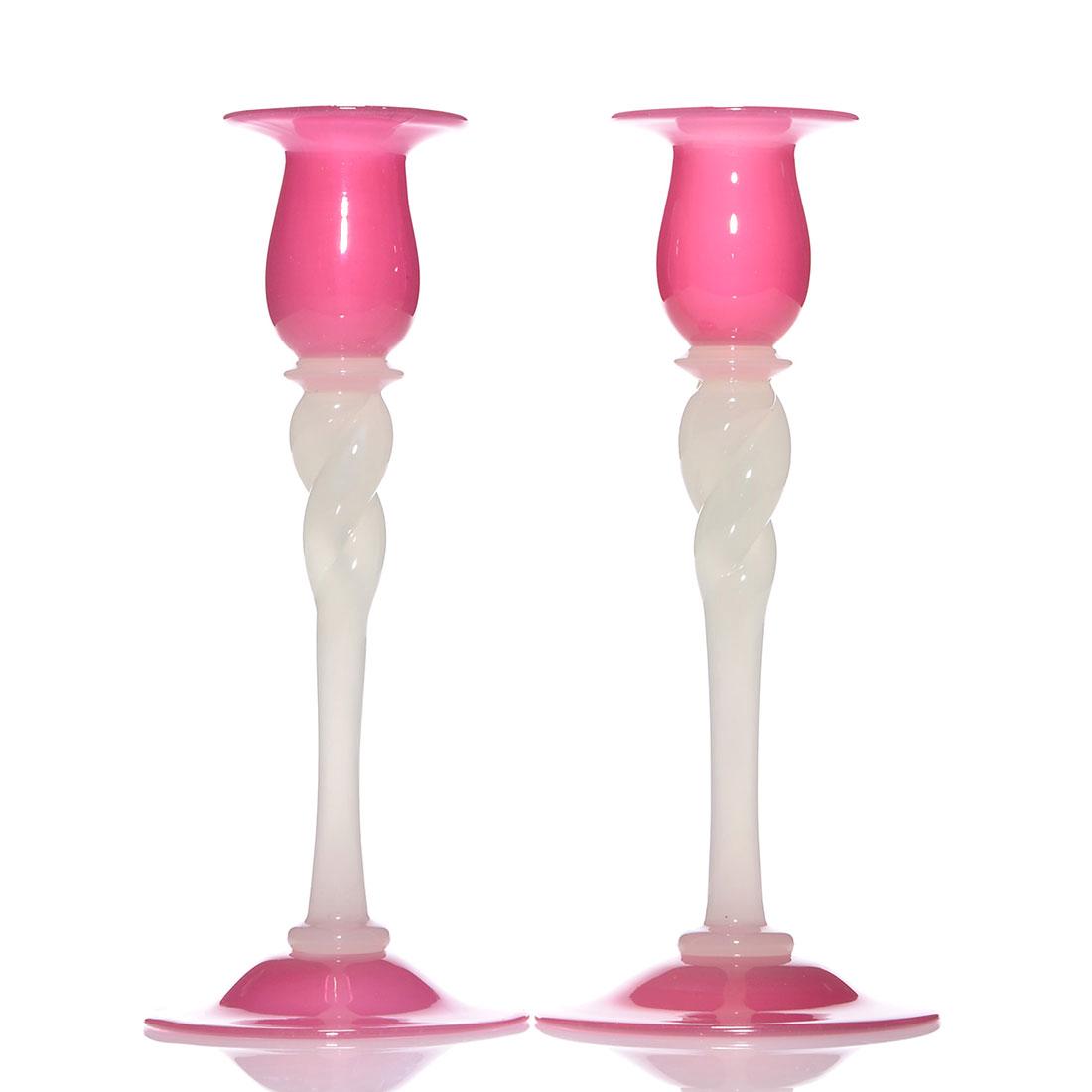 Pr Steuben Rosaline/Alabaster candle stands, 8" (1 of 1)