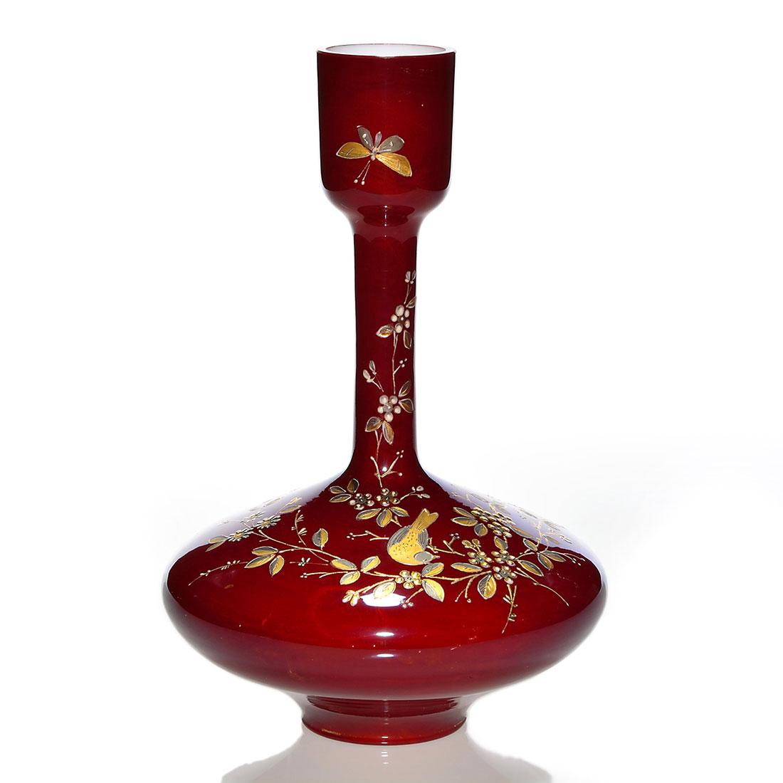 Webb attributed cased vase, gold & platinum decor, 12": Thomas Webb & Sons cased mahogany vase in attribution. Rising 12 inches and 8 1/2 inches across featuring a gold, platinum and enamel bird on a flowering branch and a butterfly on the cupped neck. Fai