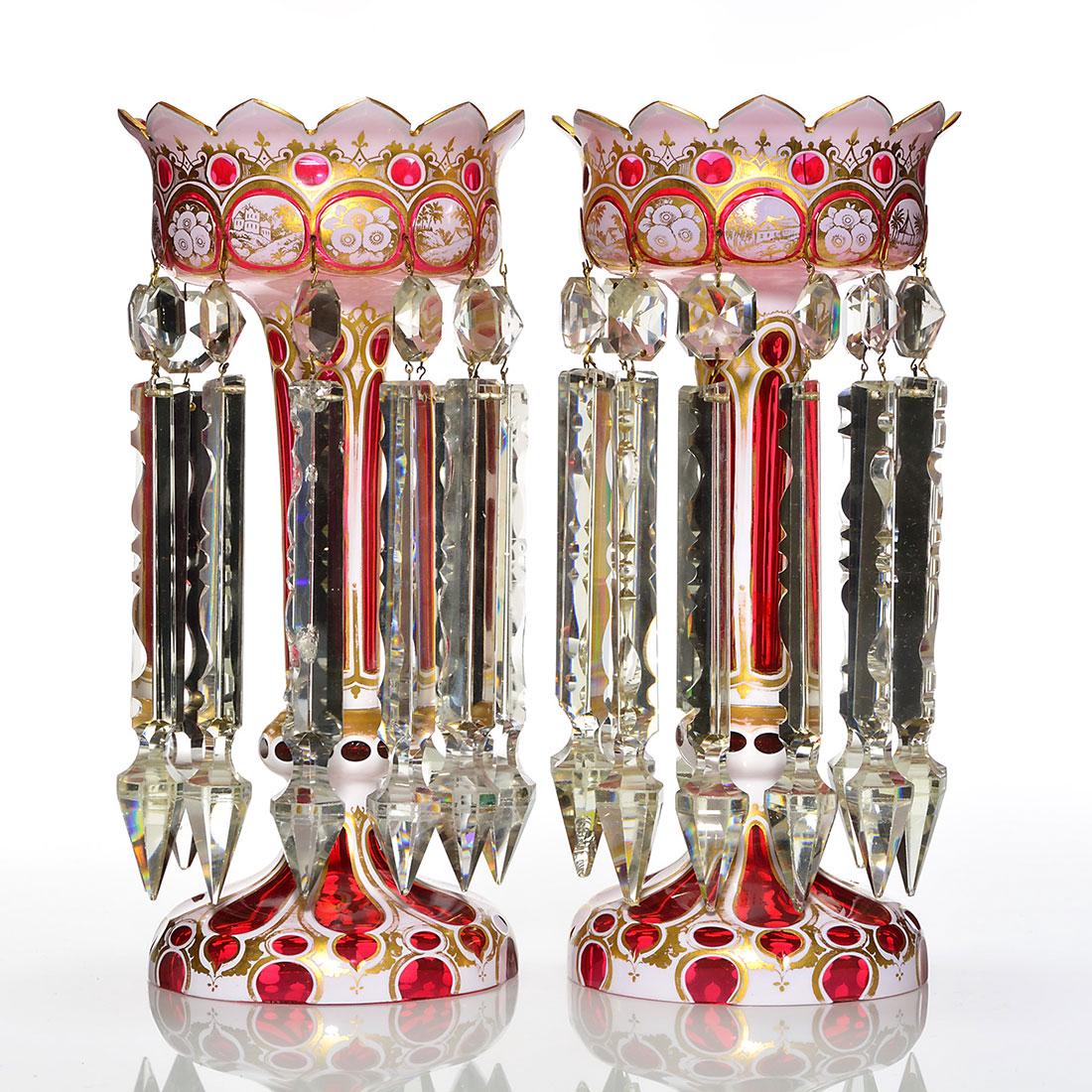 Pr Bohemian CutOverlay cranberry lustres,prisms,13 1/2" (1 of 1)