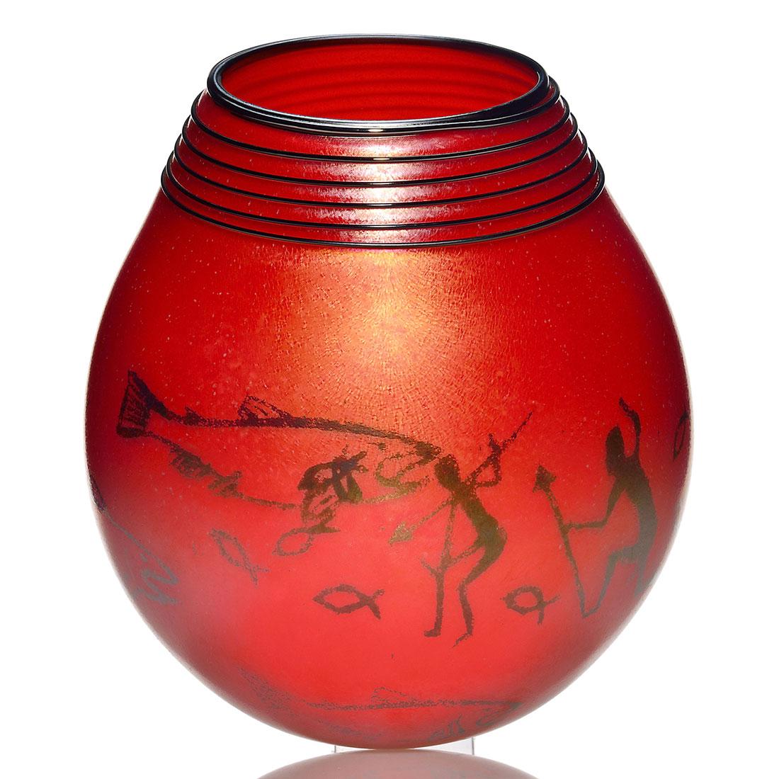 Richard Satava red Petroglyph vase, fish, 10" X 11" (1 of 2)