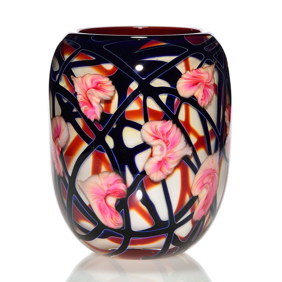 John Lotton Paperweight vase, red/black/white, 9", (1 of 2)