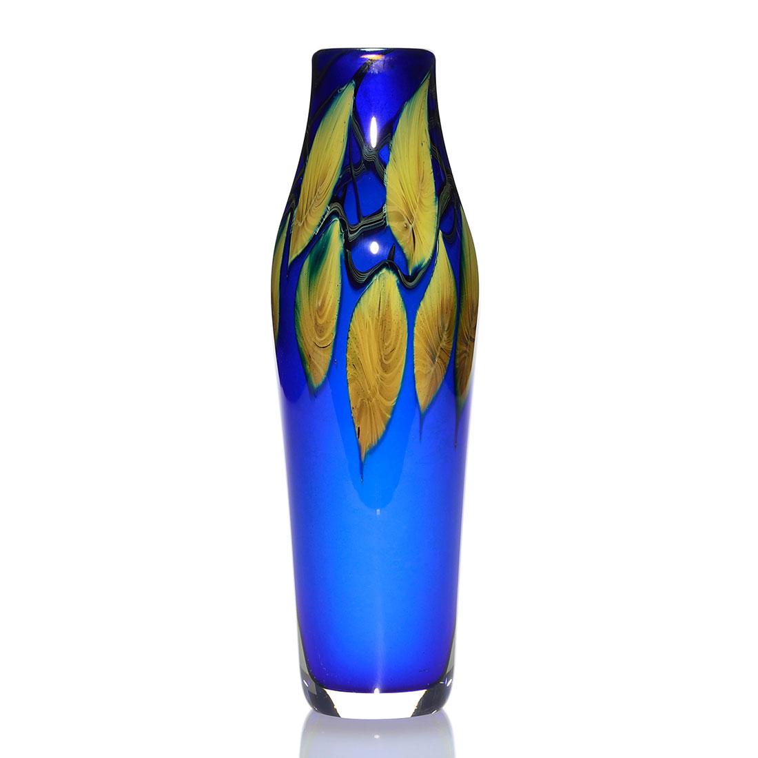 David Lotton blue bottle vase, leaves, 9 1/2" (1 of 2)
