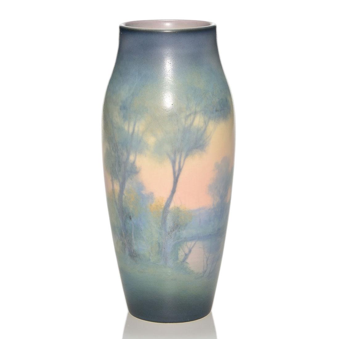Rookwood Vellum scenic vase, Hurley, 1939, 30 E, 8 3/8" (1 of 2)