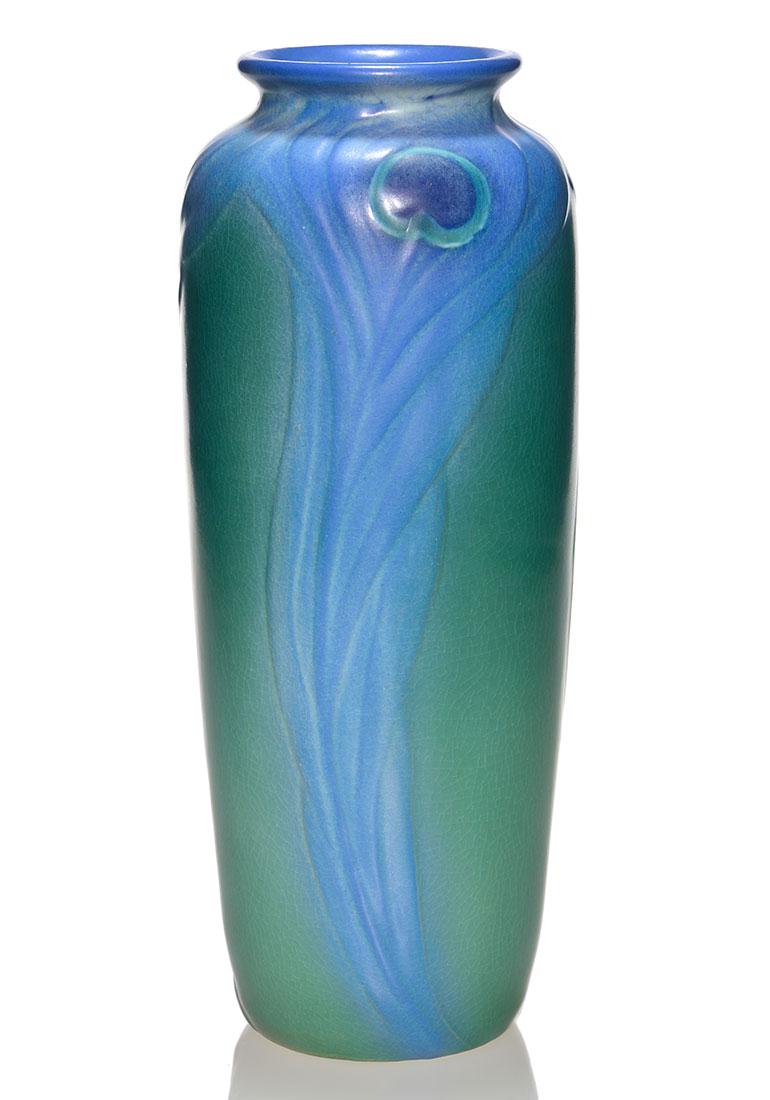 Rookwood Vellum, peacock feathers, AMV, 1904, 12 1/8" (1 of 3)