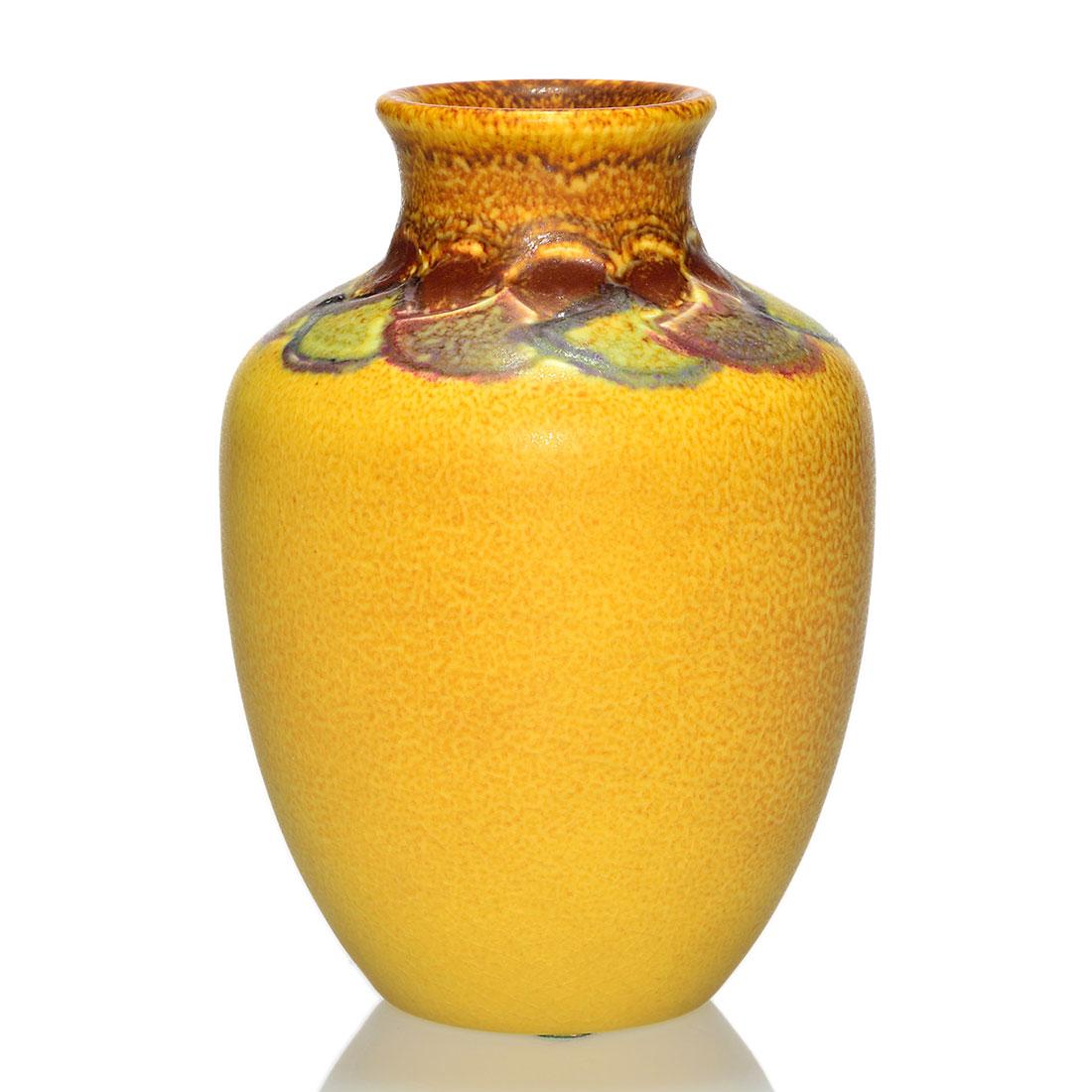 Rookwood Carved Ombroso vase, Todd, 1917, 936 E, 5 1/2": Ombroso glaze vase with carved floral decoration at the shoulder done by Charles Todd in 1917. Marks include the Rookwood logo, date, shape 936 E and Mr. Todd's incised initials. There is fine overall