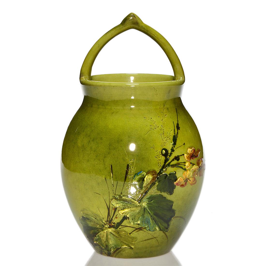 Rookwood Standard hanging vase, Daly, '86, 287, 10 3/8": Standard glaze hanging vase with woodland floral decoration with light incision, the work of Matt Daly in 1886. Impressed on the bottom Rookwood, 1886, shape 287, S for Sage Green clay and incised wit