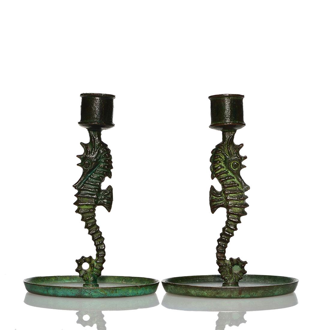 Hurley Bronze short seahorse candlesticks, 1905, 6 3/4" (1 of 1)
