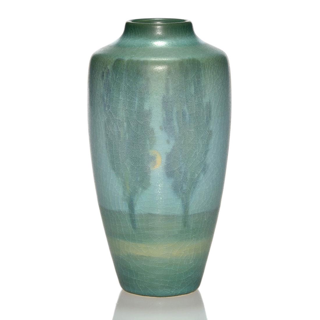 Rookwood Vellum scenic, Wildman, 1912, 6 1/4": Scenic Vellum vase decorated by Edith Wildman in 1912 with the moon peaking out from between two of the three tall poplar trees. Marks include the Rookwood logo, date, shape 1926, an impressed V for V