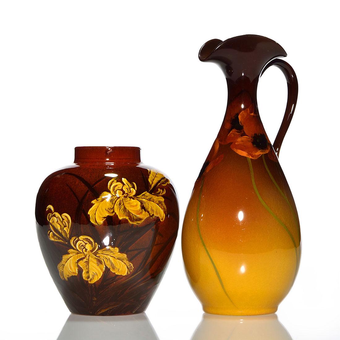 2 Rookwood Standard, jar, irises, ewer,Felton, 1885, (1 of 1)