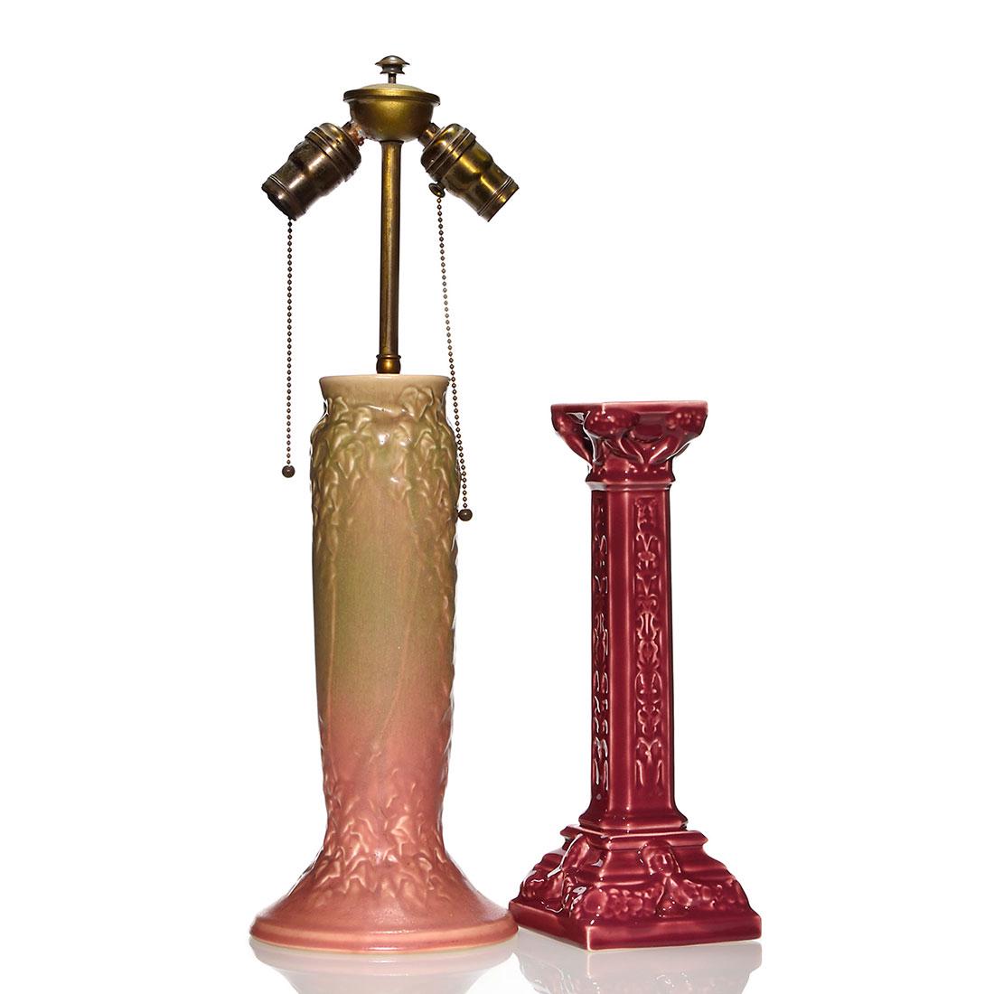 2 Rookwood production items, lamp base, candlestick, (1 of 1)