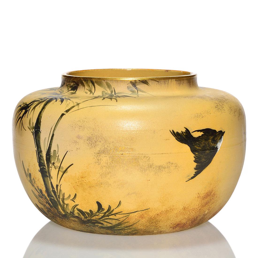 Rookwood Dull Finish vase, Daly, 1884, shape 131, 5: Dull Finish vase decorated with bamboo and swallows, the work of Matt Daly in 1884. Impressed with ROOKWOOD, 1884, shape 131, Y for Yellow clay and incised with the artist's initials. There is a tiny 
