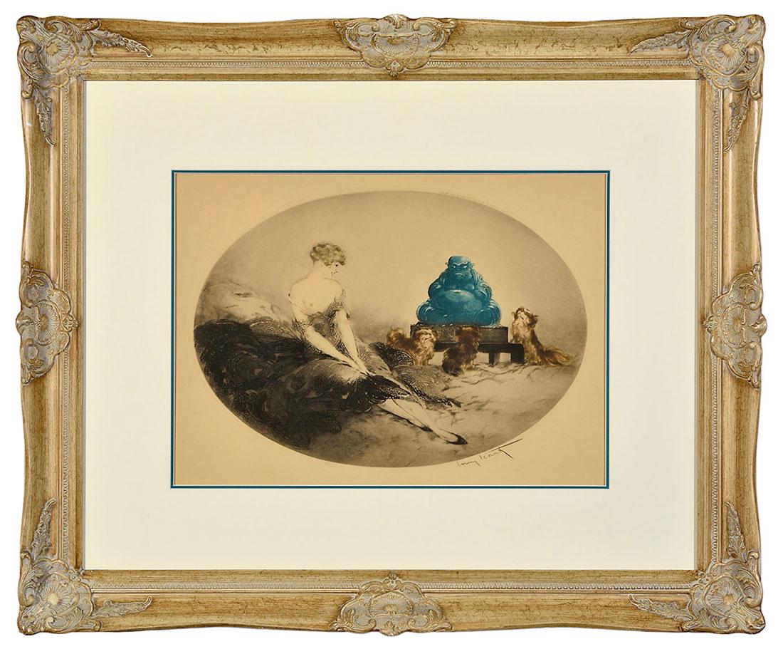 Louis Icart colored etching "Woman with Dogs and (1 of 3)