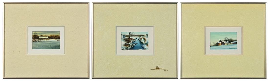 3 Small Tim Liess watercolors, 3 5/8" x 5 5/8" 1990: Three Tim Liess (1965-2009 American, Indiana, Chicago) watercolors on paper entitled "The Old Homestead", "Cold Snap" and "Spring Thaw." Liess is a graduate of the American Academy of Art in Chicago a