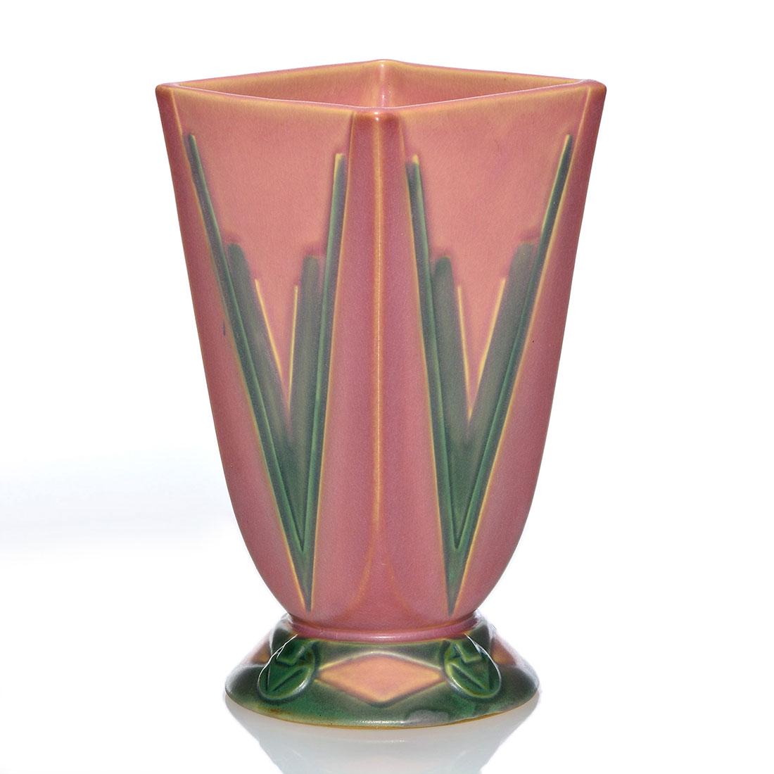 Roseville Futura Red Vee vase, shape 399-7", 7 1/8" (1 of 2)