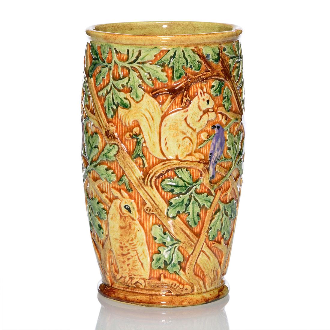 Weller Selma vase, Owls, squirrels, birds, 7 1/8" (1 of 2)