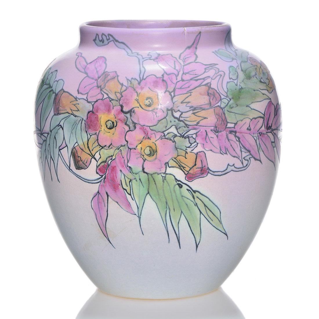 Weller Hudson Perfecto, floral, Leffler, 9 5/8 inches: Colorful Weller Hudson Perfecto floral lamp vase decorated by Claude Leffler. Flowers, leaves and vines encircle the vase in bright pastel colors. Marked with the full kiln Weller Ware ink stamp logo 