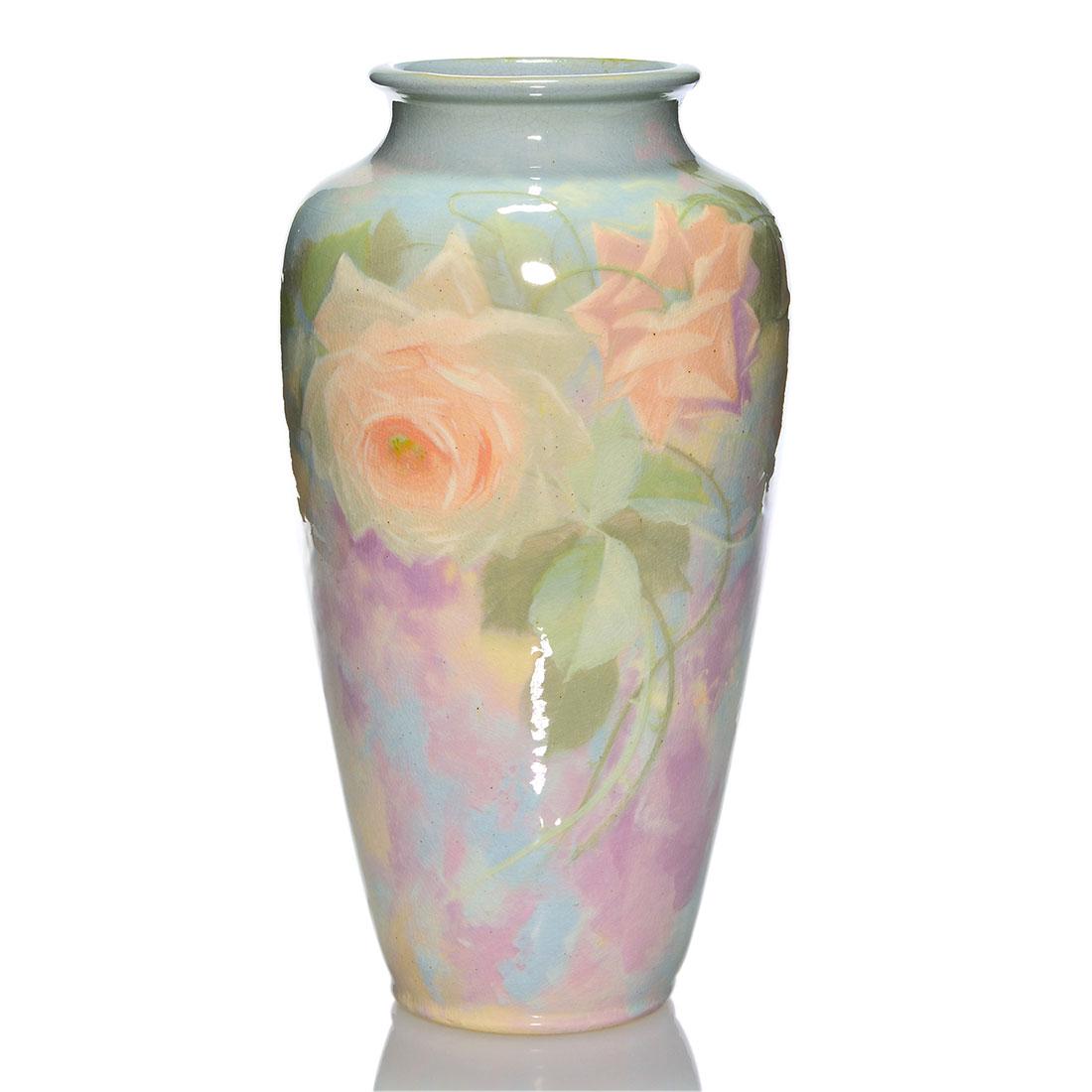 Large Weller Aurora vase, salmon roses, 13 3/8", (1 of 2)