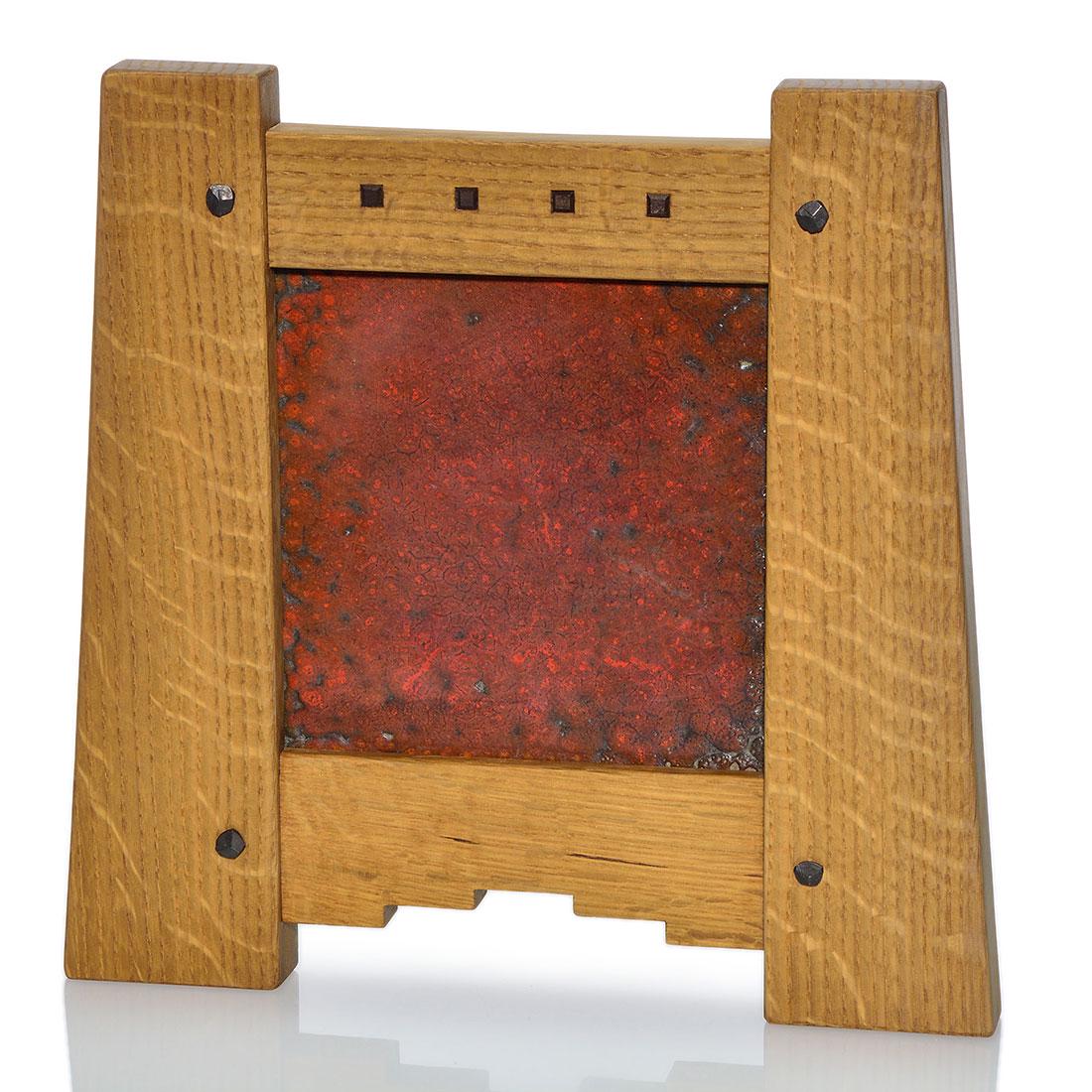 Strobl red and black mat glaze tile in oak frame, 6" (1 of 1)
