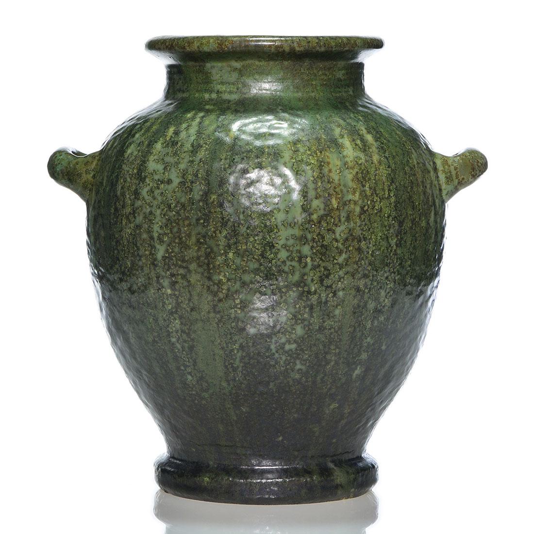 Fulper vase, handles, cucumber crystalline, 12 inches. (1 of 2)