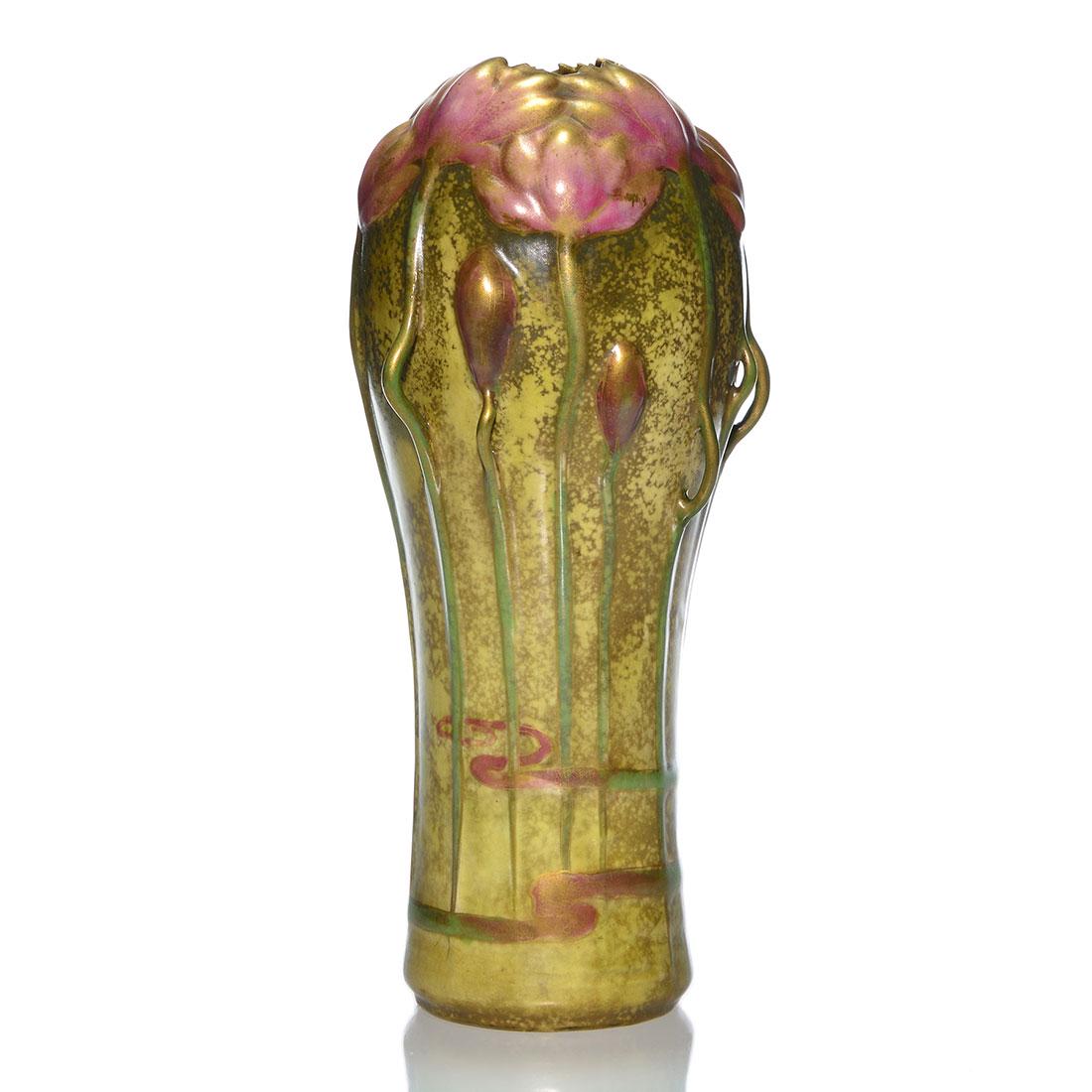 Amphora vase, lotus blossoms and buds, vines, 11 1/4" (1 of 2)