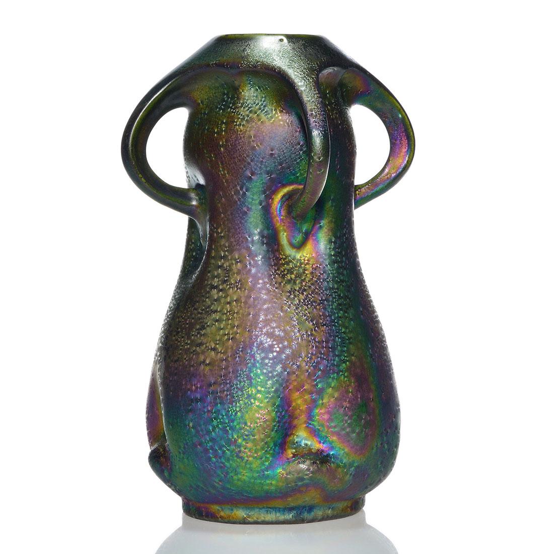 Austrian Heliosine iridescent vase, 4 handles, 11 3/8" (1 of 2)