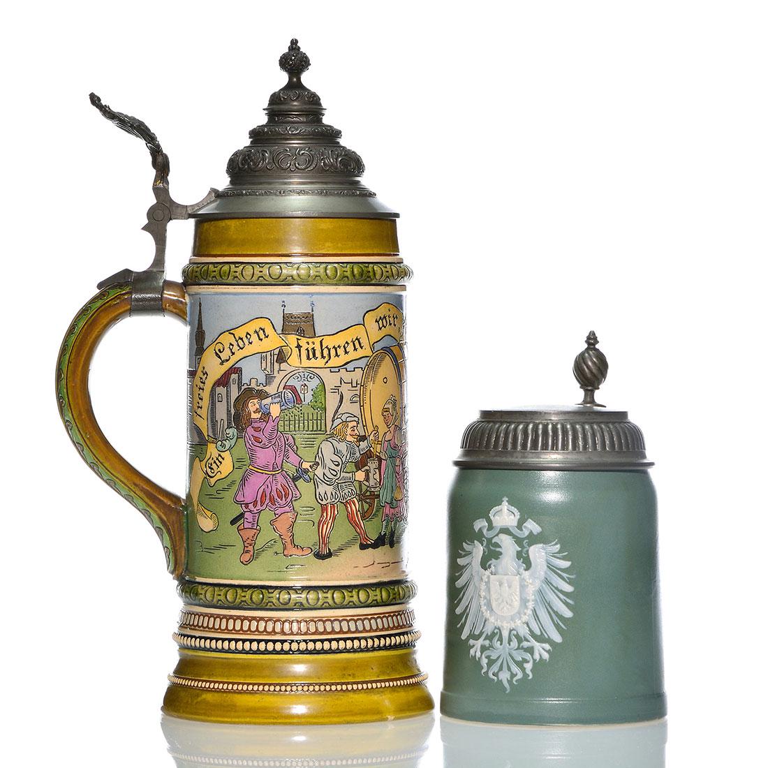 2 Steins: Mettlach with Eagle, and Hauber & Reuther (1 of 2)