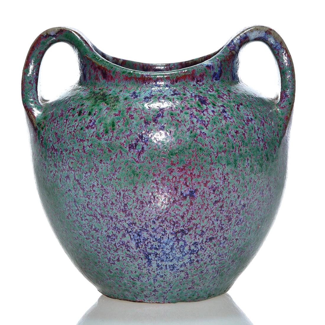 Edmond Lalchenal green-purple mat glaze vase, 4 1/2" (1 of 2)