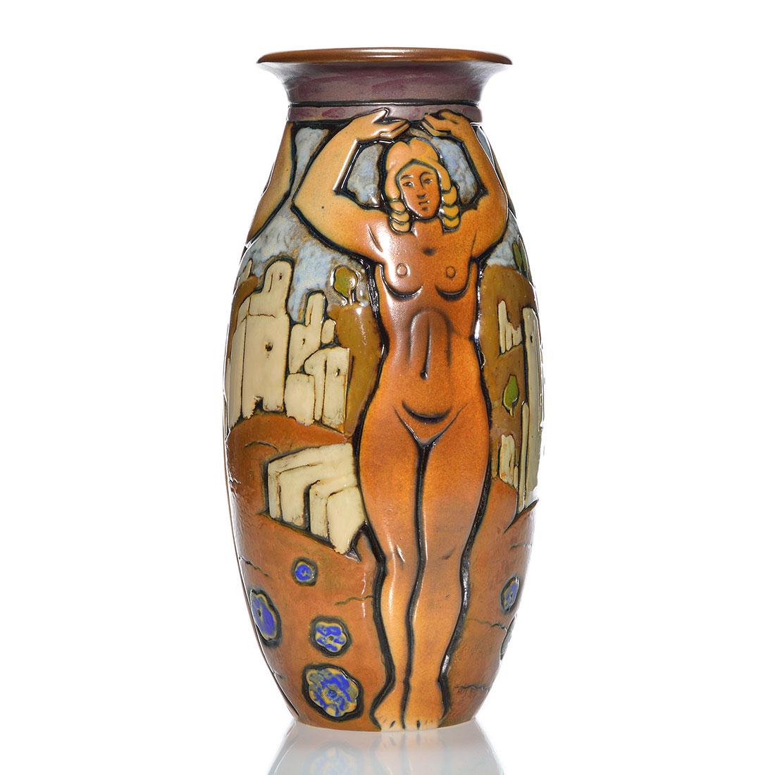 Polychromed Mougin vase, 3 female nudes, buildings, 13" (1 of 2)