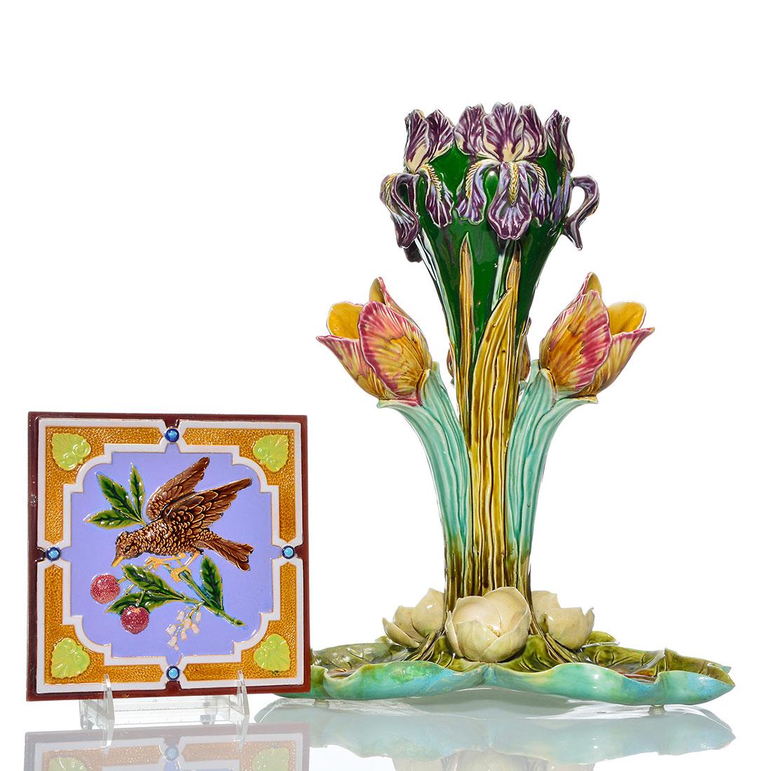 2 Majolica items: Mintons tile and Frie Onnaing Iris (1 of 1)