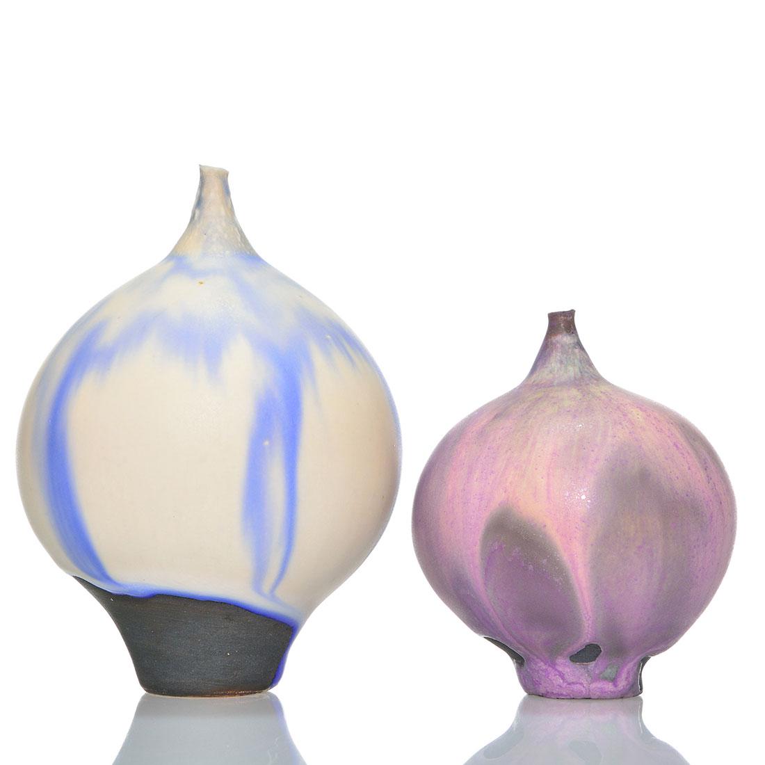 Two Cabat Feelie vases, blue/white, pink/purple,3 3/4" (1 of 2)